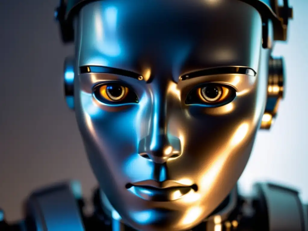 Retrato de robot con ojos realistas transmitiendo empatía y contemplación, iluminación suave y circuitos en segundo plano
