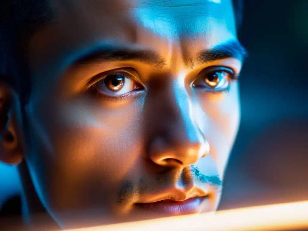 Un retrato de rostro con mirada reflexiva iluminada por la pantalla