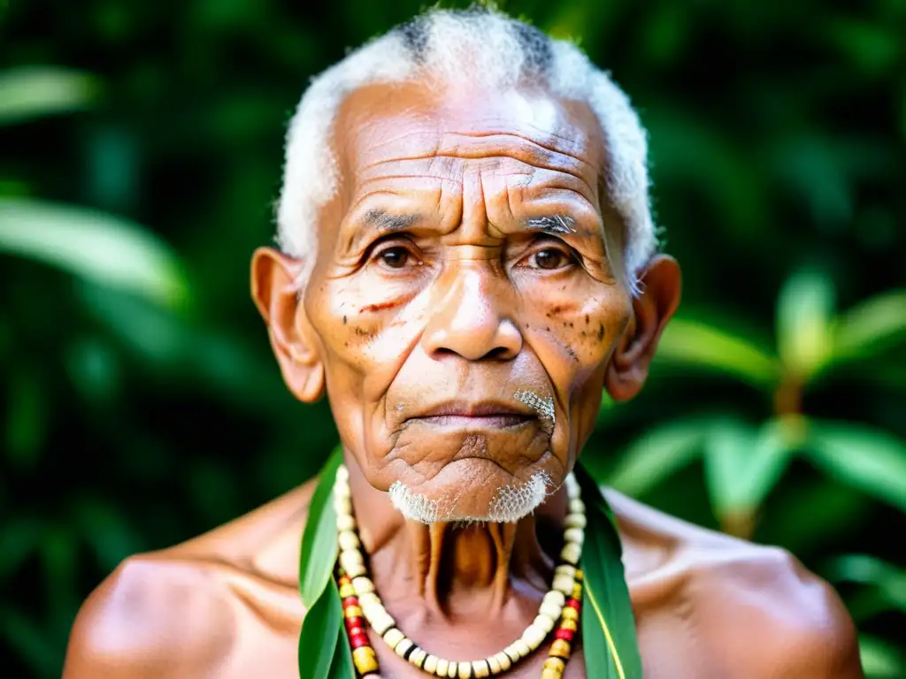 Retrato de un sabio indígena del Caribe con vestimenta ceremonial, inmerso en la exuberante selva