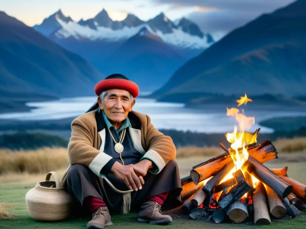 Retrato de un sabio Mapuche junto al fuego en la Patagonia, conectado con la Filosofía espiritual pueblos indígenas Patagonia