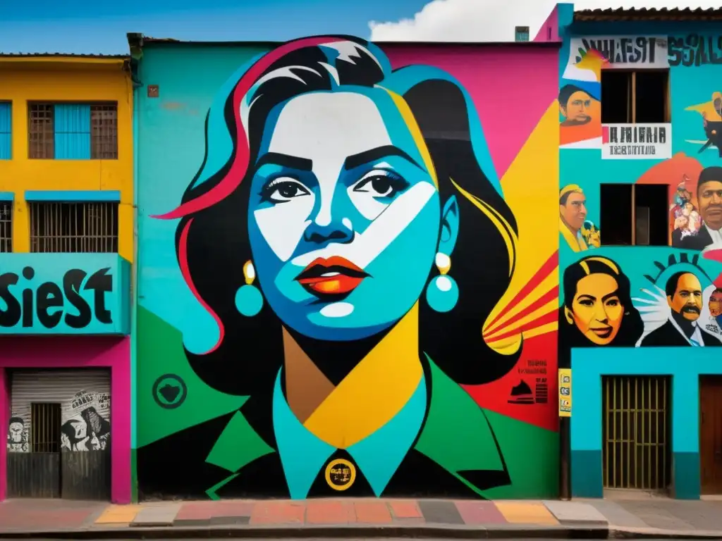 Retrato urbano latinoamericano, reflejando la evolución ideológica del socialismo en el siglo XXI con murales y grafitis vibrantes
