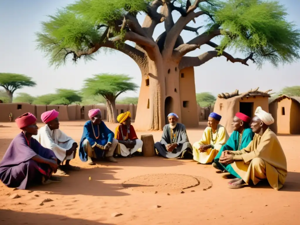 Reunión de ancianos Dogon bajo un baobab, transmitiendo la influencia filosófica cosmovisión Dogon en gestos y miradas de profunda contemplación