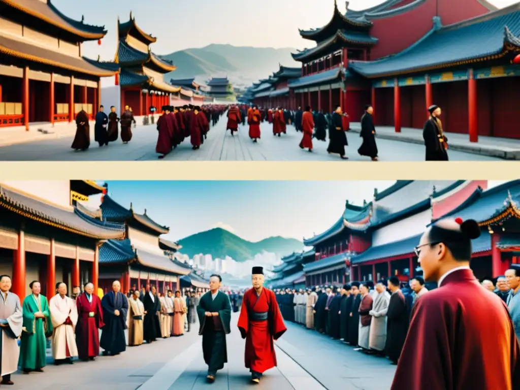 Comparación de reunión Confuciana antigua y ciudad moderna, destacando la relación individuo sociedad Confucio Rousseau