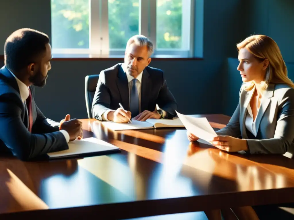 Reunión de ejecutivos debatiendo una decisión ética empresarial en situaciones críticas, con gestos y expresiones de concentración