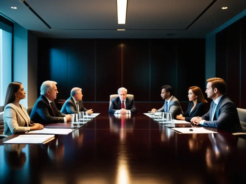 Reunión de ejecutivos debatiendo políticas éticas en una sala iluminada con dramáticas sombras