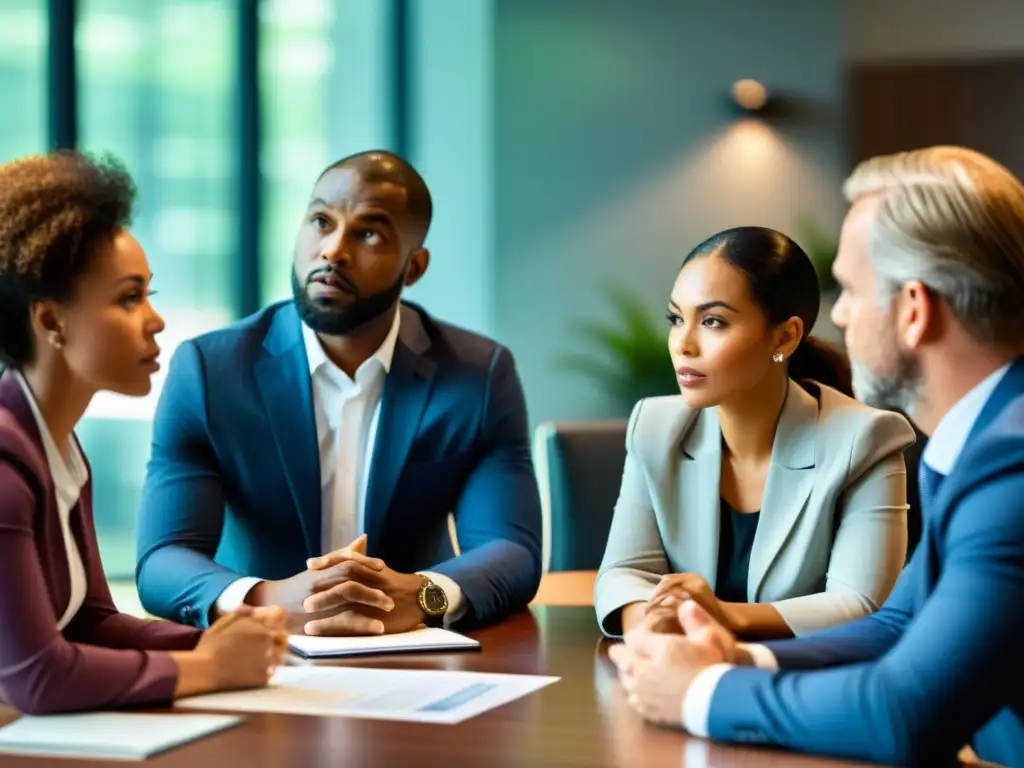 Reunión de empleados diversos discutiendo ética empresarial estrategias implementar cultura, con expresiones serias y comprometidas