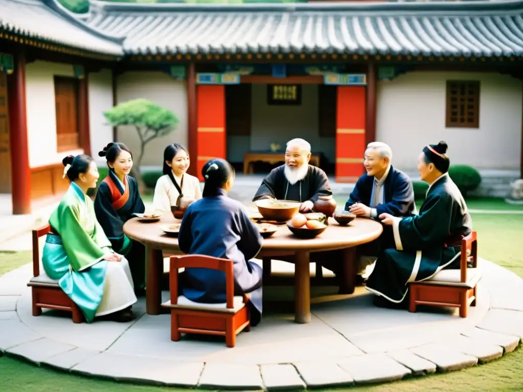Reunión familiar tradicional en un patio, enfatizando la importancia de la familia en el Confucianismo