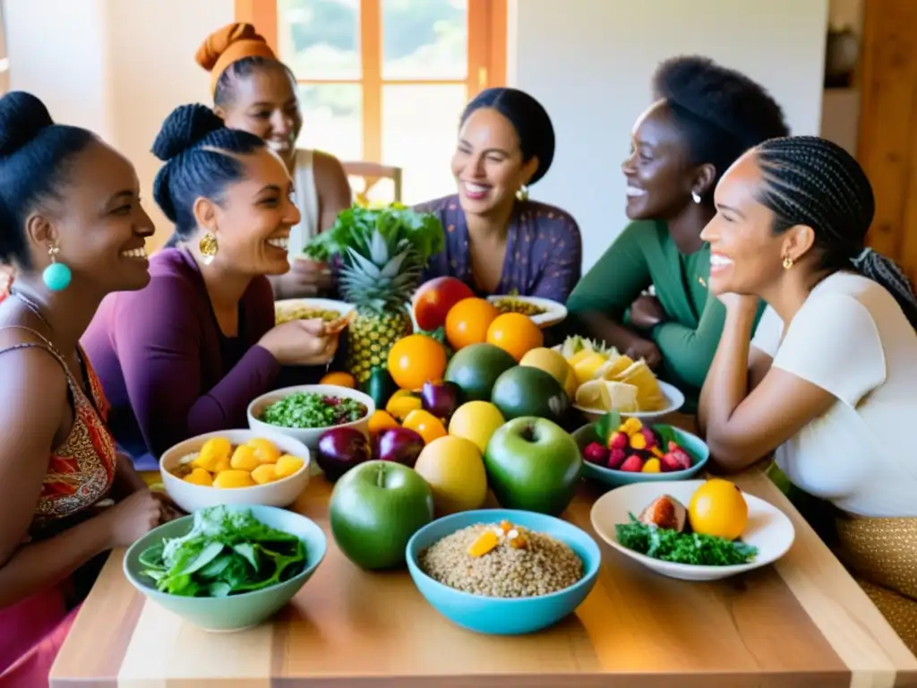 Encuentro de mujeres: comida, cultura y conversación Reunión de mujeres diversas compartiendo comida, nutrición y perspectivas feminismo decolonial en ambiente cálido y comunitario