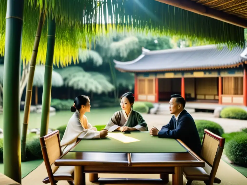 Reunión de negocios tradicional china en jardín de bambú con ética empresarial en Confucianismo