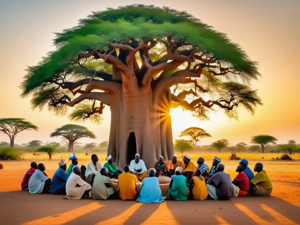 Una reunión pacífica de ancianos en una aldea africana al atardecer, bajo un hermoso baobab