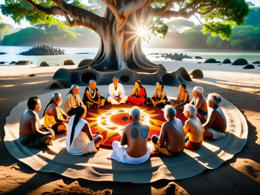 Reunión de sabios indígenas de Oceanía bajo un árbol, en diálogo profundo