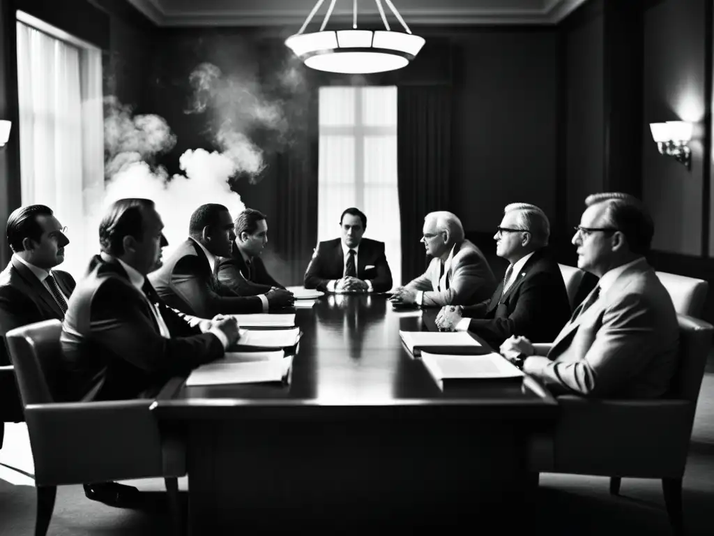 Reunión en sala histórica, ejecutivos debaten límites éticos de empresas en ambiente tenso y dramático con humo de cigarro
