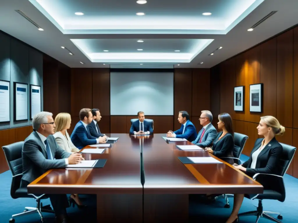 Reunión en sala de juntas corporativa, ejecutivos debaten con intensidad