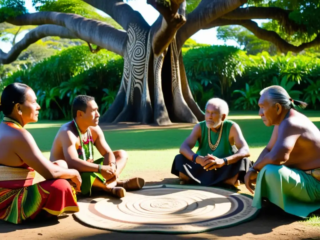 Reunión tradicional de ancianos de diversas naciones isleñas del Pacífico, resolviendo disputas bajo un árbol tallado