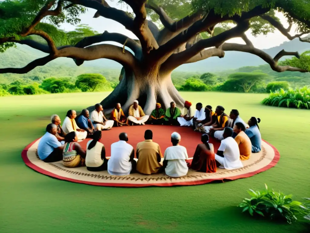 Reunión tradicional del consejo tribal Caribe bajo un árbol, destacando la filosofía política Caribe precolombina