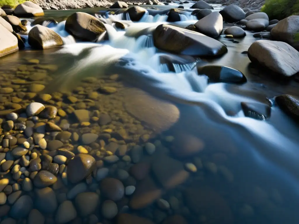 Río en blanco y negro capturando la fluidez del agua entre las rocas