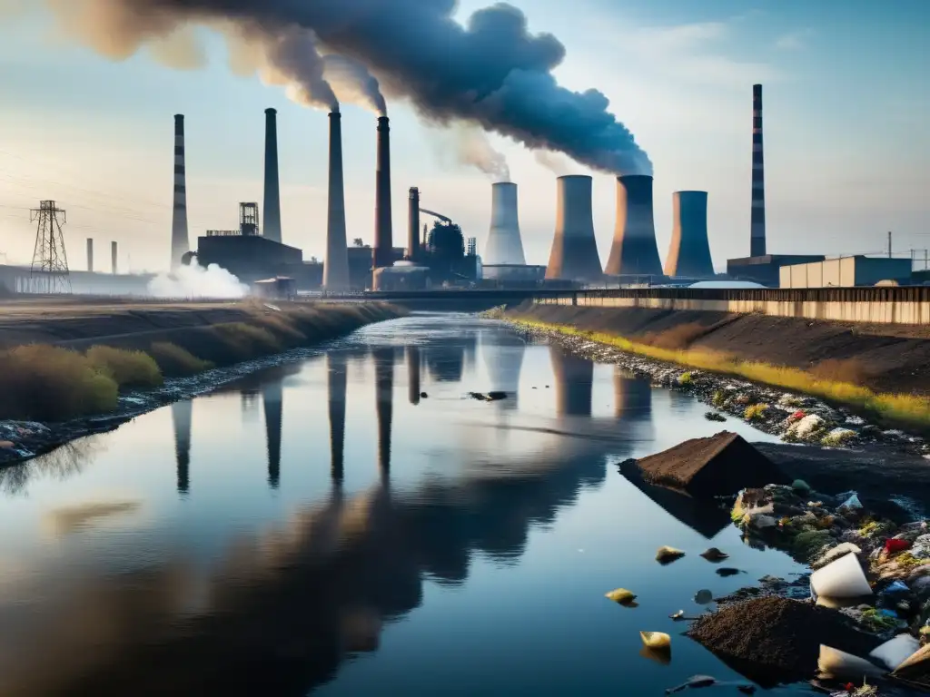 Un río contaminado con basura flotando, rodeado de edificios industriales y chimeneas emitiendo humo tóxico