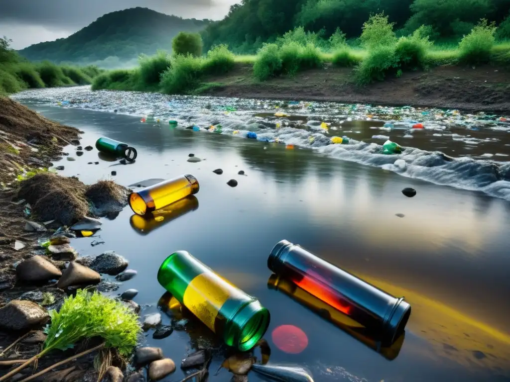 Un río contaminado por desechos plásticos y químicos, reflejando el sombrío cielo
