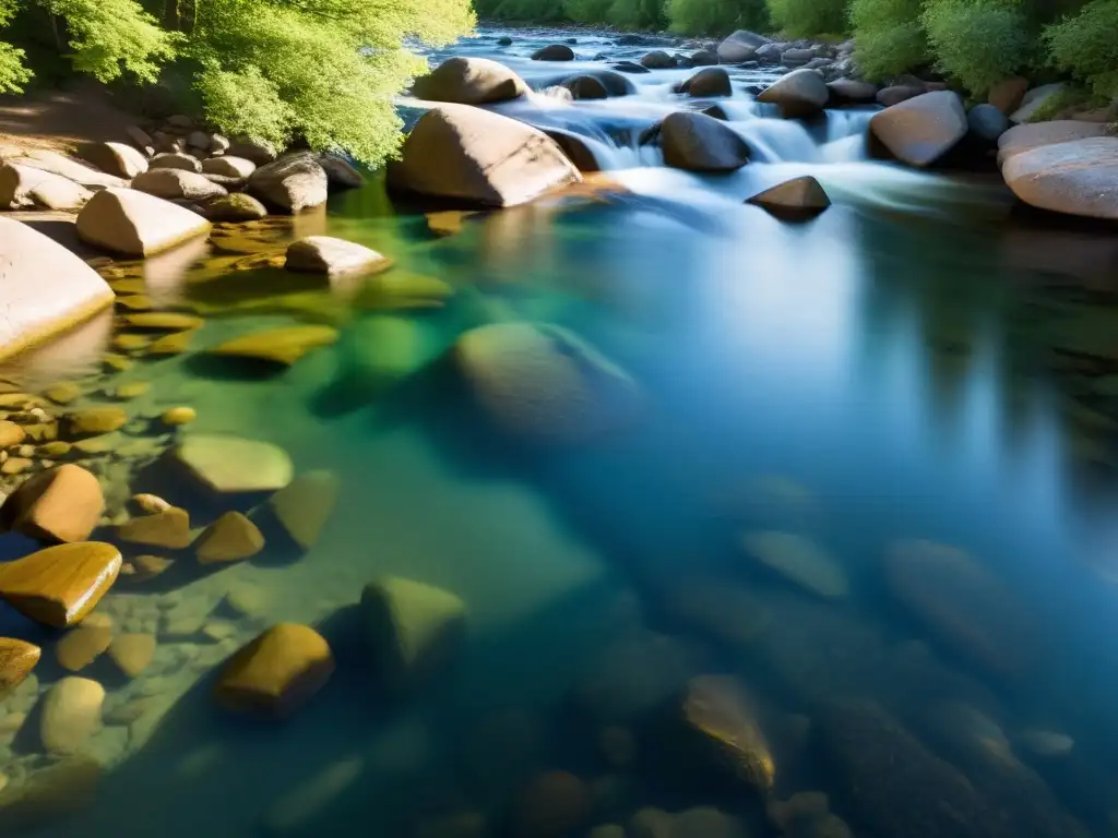 Un río cristalino en constante cambio, reflejando la luz del sol en su superficie, capturando la esencia del constante cambio en las finanzas