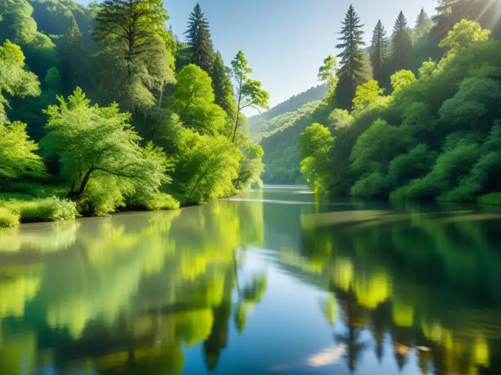 Un río sereno fluye entre árboles en un bosque soleado, creando patrones de luz en el agua