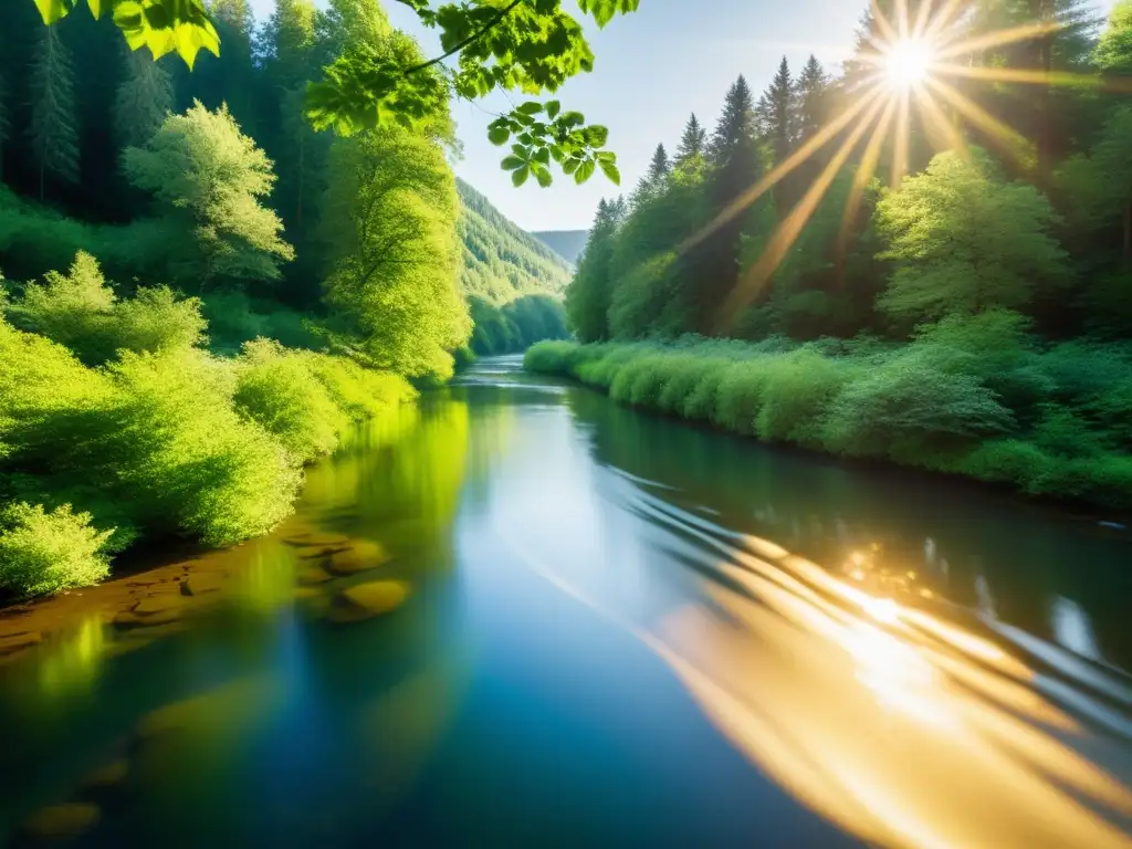 Un río sereno fluye entre árboles, reflejando los conceptos de la filosofía de Mihaly Csikszentmihalyi en la naturaleza