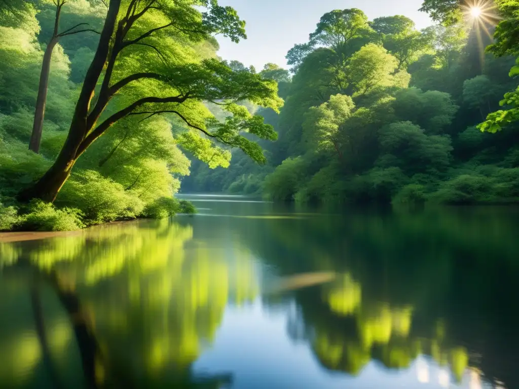 Un río sereno fluye entre un bosque frondoso, con luz filtrándose a través del dosel