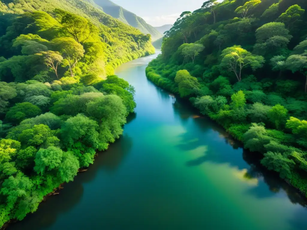 Un río sereno fluye entre un bosque verde, con la luz del sol filtrándose entre las hojas