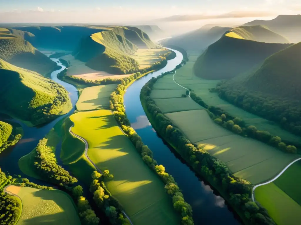 Un río serpenteante refleja el atardecer dorado en un valle verde