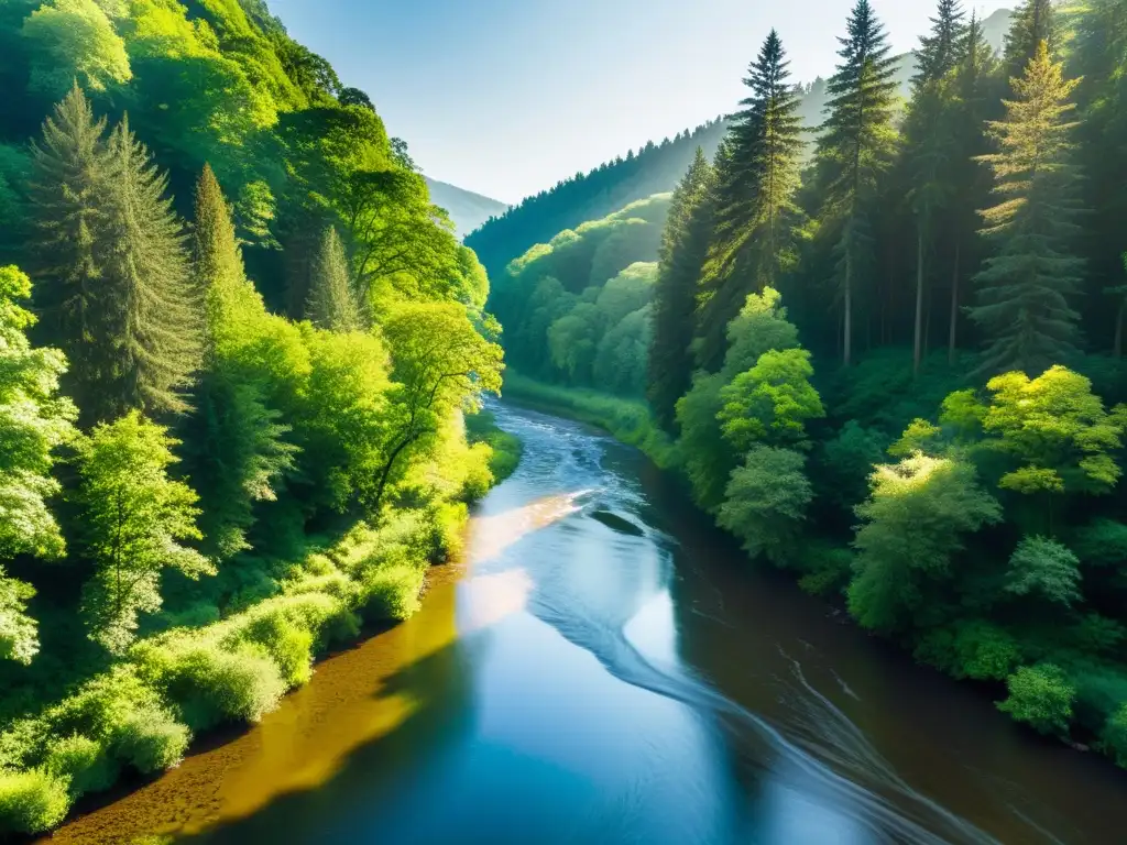 Un río serpenteante fluye entre un exuberante bosque, donde la luz y la sombra danzan en su superficie