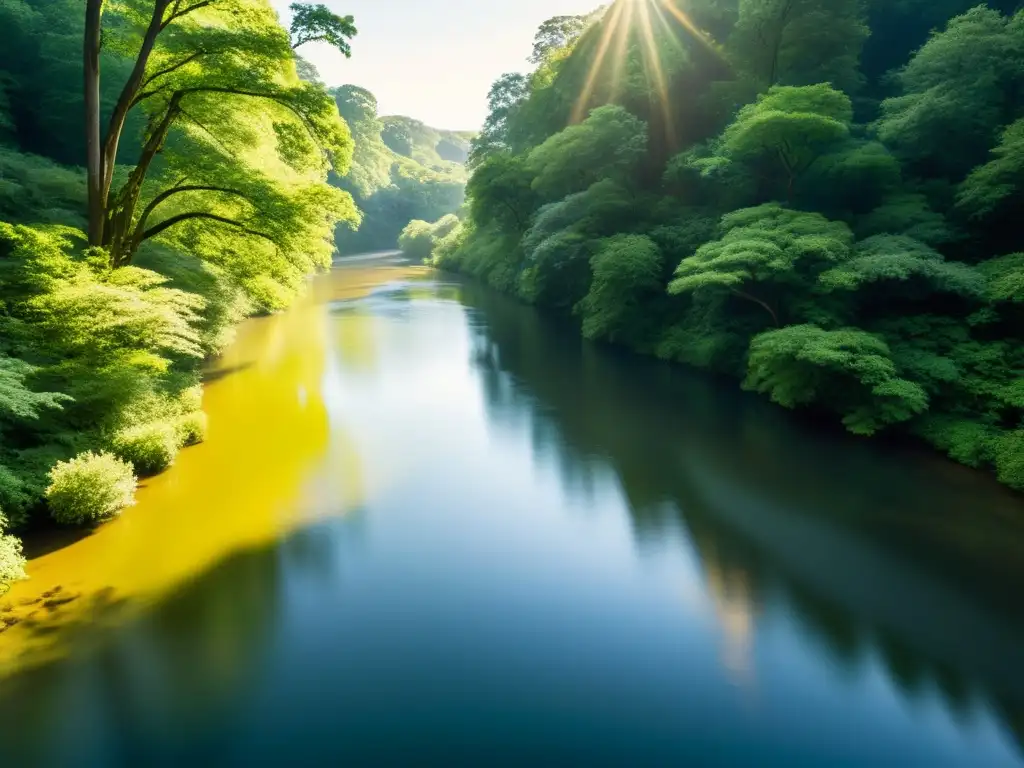 Un río tranquilo fluye entre un exuberante bosque, capturando la esencia de Lecciones de Heráclito para el cambio