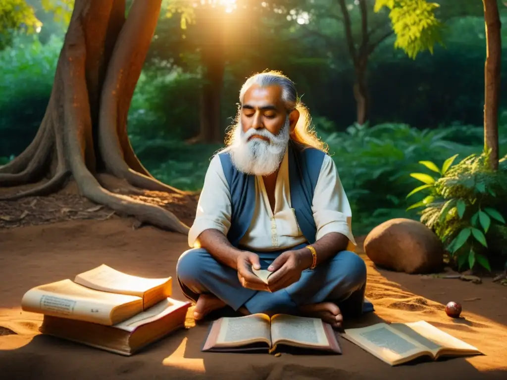 Rishi sabio medita en el bosque, rodeado de antiguos textos