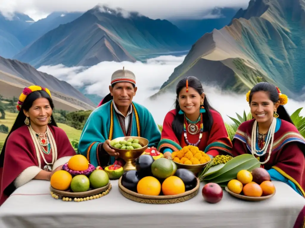 Ritual de agradecimiento andino: Colorida ceremonia en los Andes con ofrendas, chaman y montañas sagradas