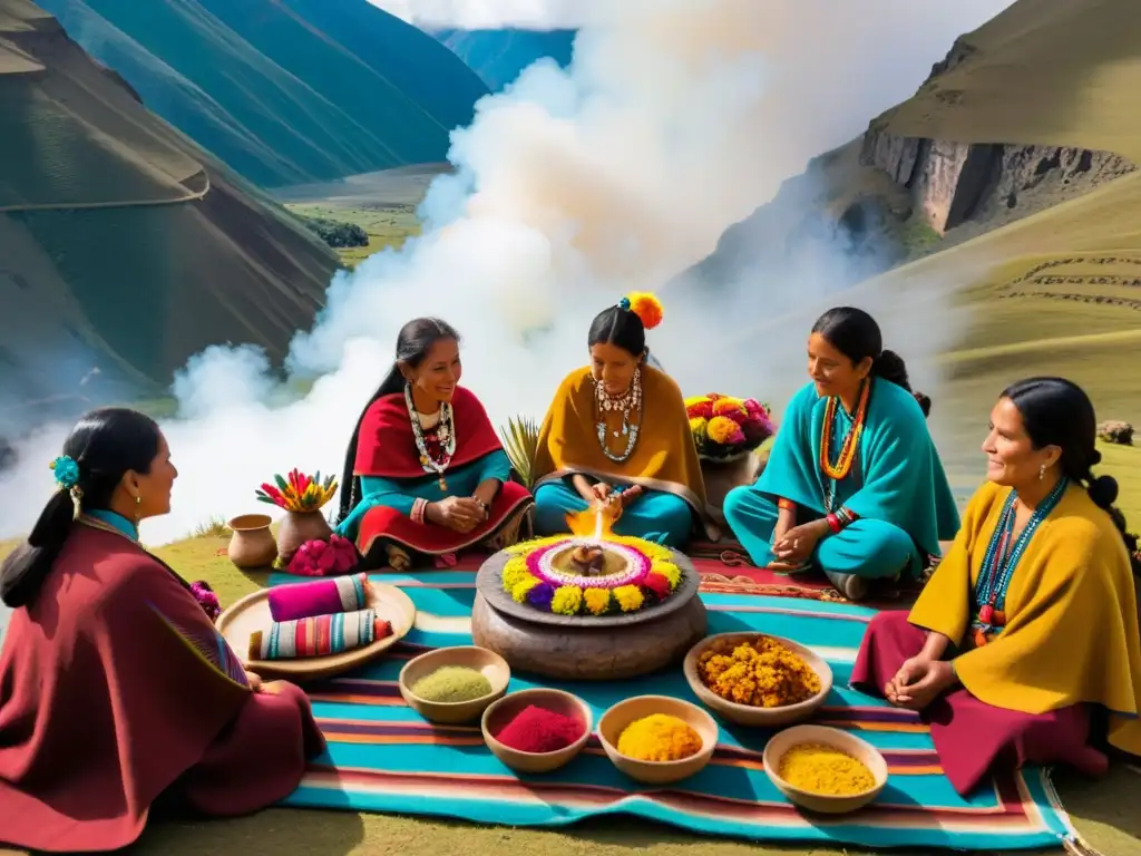 Ritual andino de agradecimiento en la montaña: mesa adornada, ofrendas coloridas y participantes vestidos con trajes tradicionales