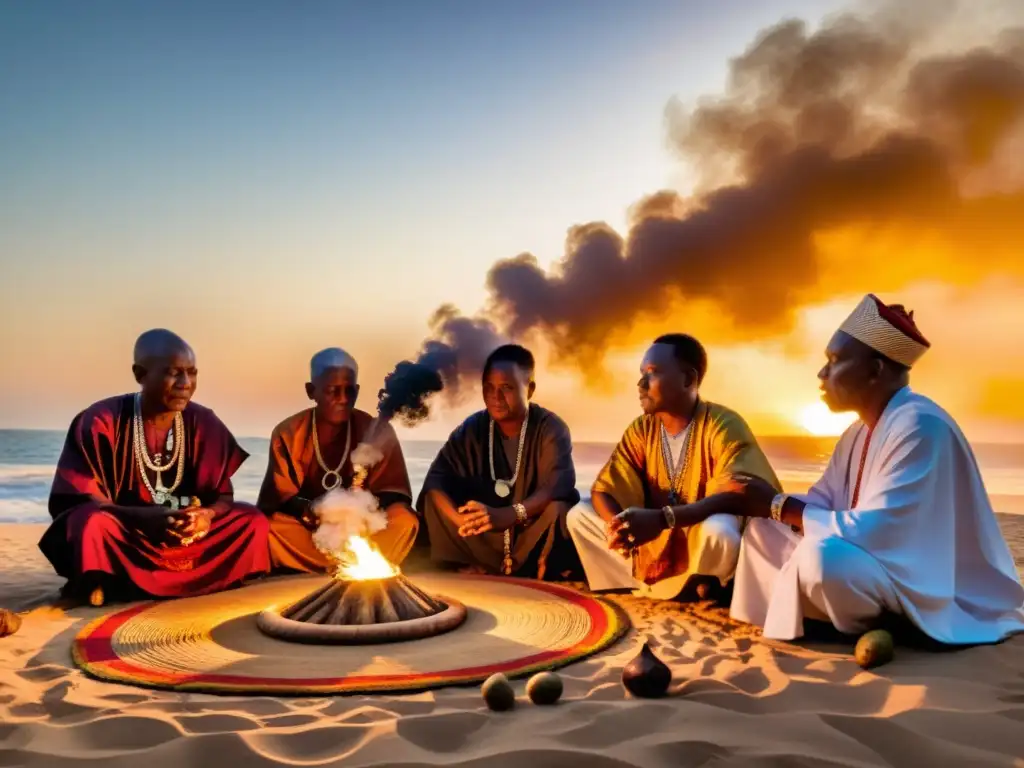 Ritual de adivinación Ifá Yoruba al atardecer, con ancianos vestidos con atuendos tradicionales, en un escenario iluminado por cálida luz dorada
