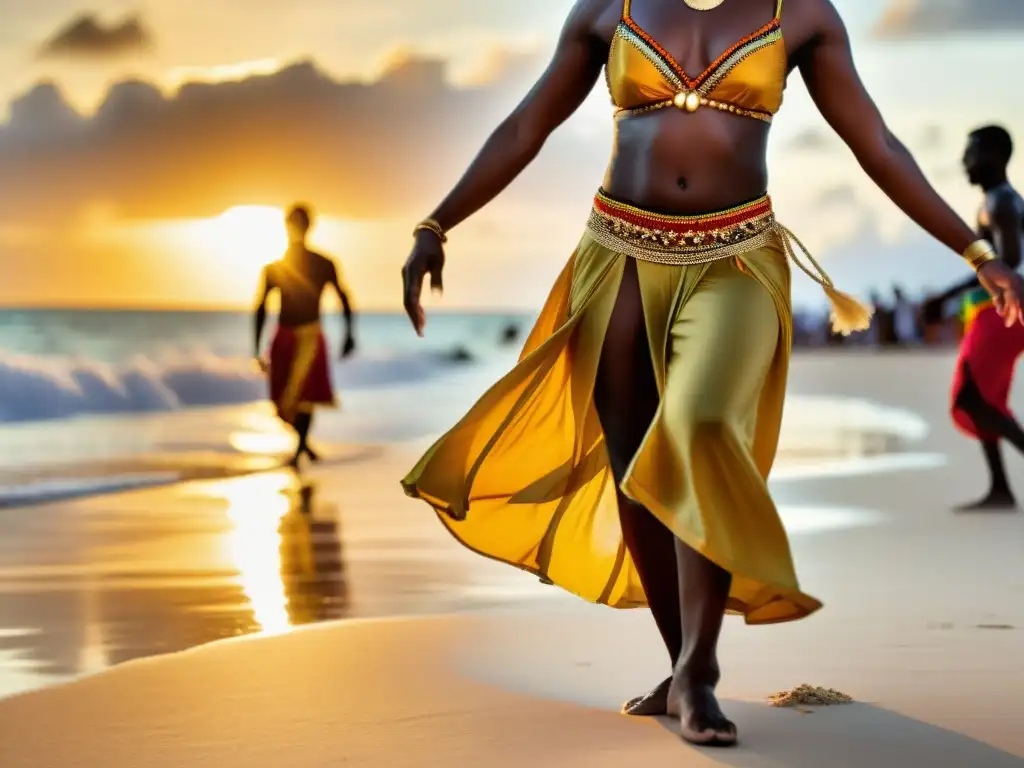 Ritual caribeño al atardecer en la playa, con danzas, vestimentas vibrantes y filosofía de los rituales caribeños
