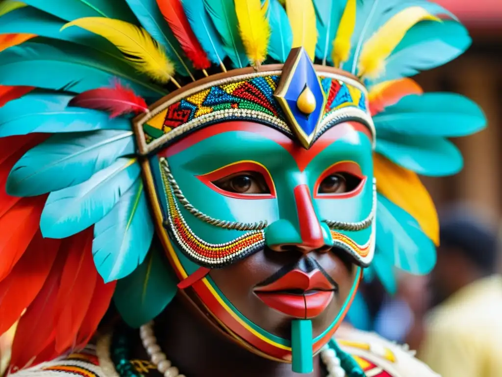 Un ritual caribeño: máscara tallada a mano con plumas y patrones vibrantes, danzantes en el fondo