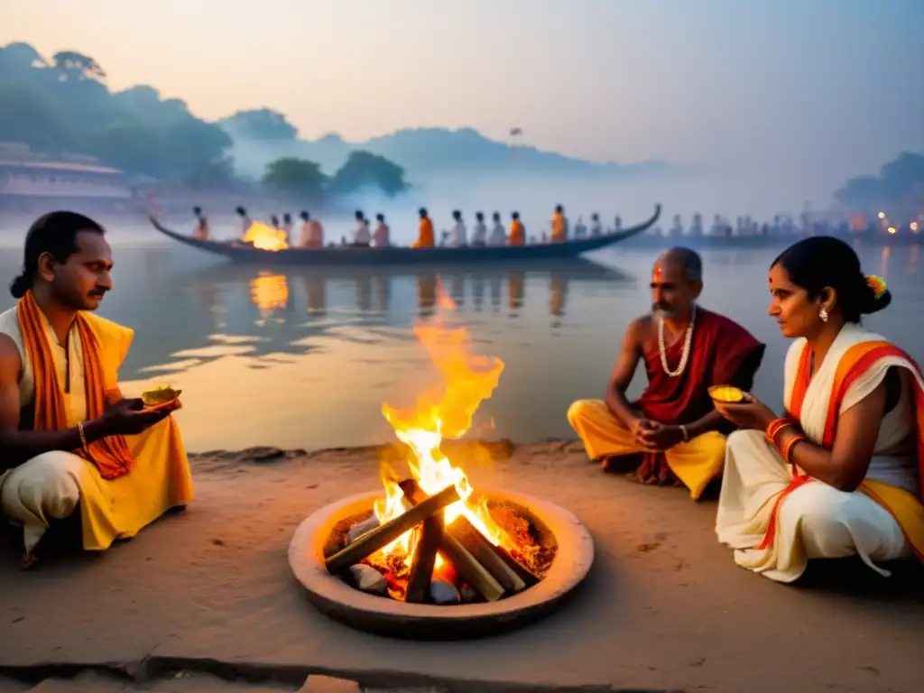 Hindu devotees performing a ritualistic fire ceremony by the Ganges River