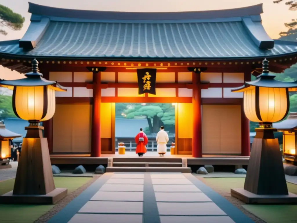 Ritual Shinto en antiguo santuario: sacerdotes y fieles rezan bajo la luz de las linternas, reflejando los Fundamentos de los Cinco Pilares del Shinto