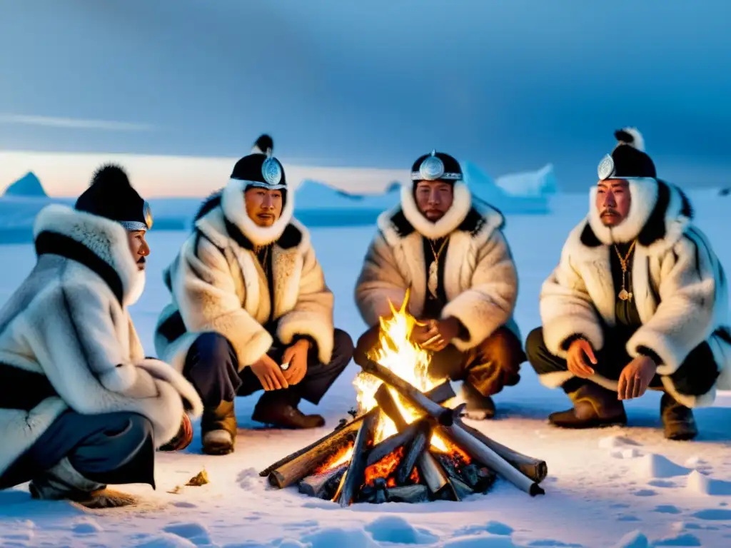 Rituales chamánicos del Ártico: Grupo de chamanes inuit con trajes tradicionales y máscaras, danzando alrededor de una fogata en el paisaje nevado