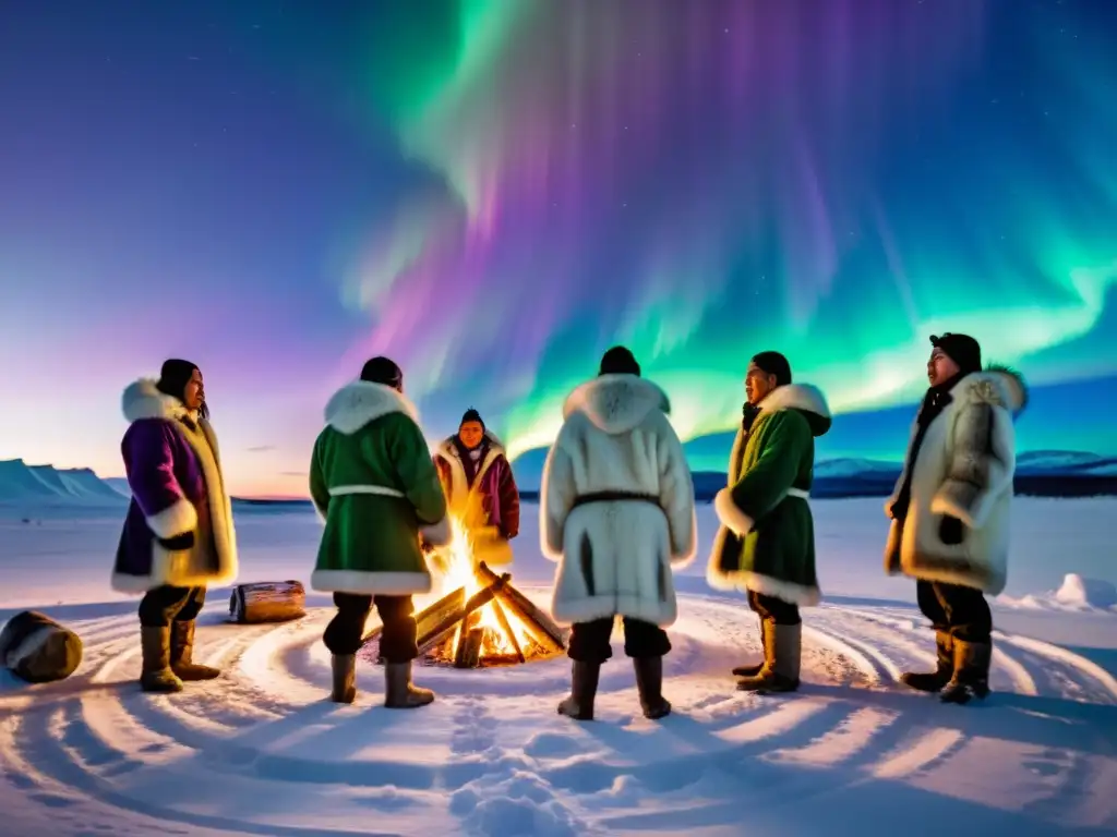 Rituales chamánicos del Ártico: Grupo de chamanes inuit en trajes de piel, realizando un ritual alrededor de una fogata bajo la aurora boreal