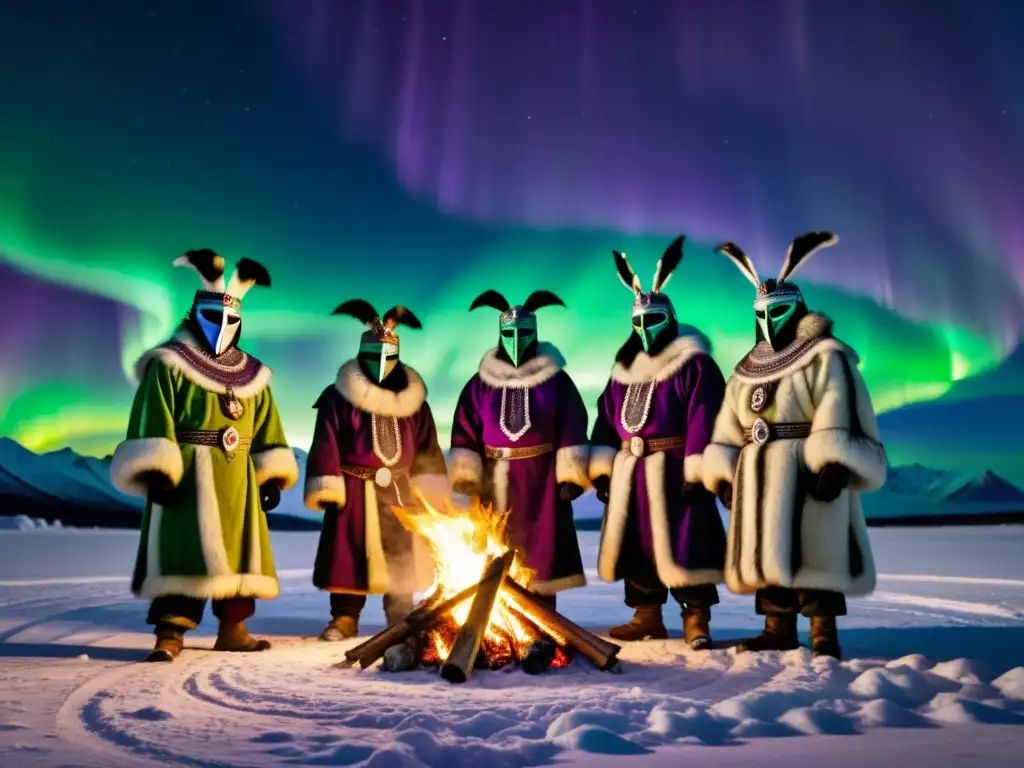 Rituales chamánicos del Ártico: Inuit con máscaras y vestimenta tradicional alrededor de una fogata, iluminados por las luces del norte