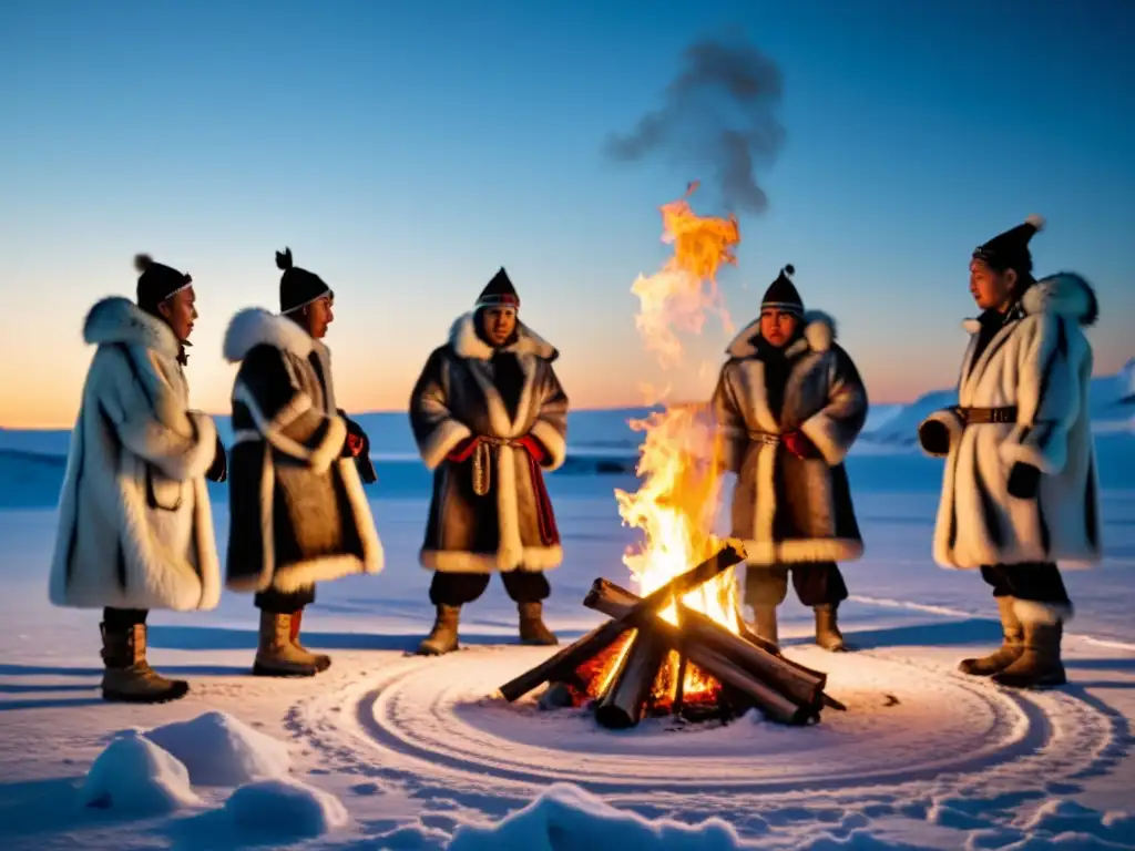 Rituales chamánicos del Ártico: Inuit shamans danzando alrededor de una gran fogata en un paisaje nevado, con rostros pintados y expresiones intensas