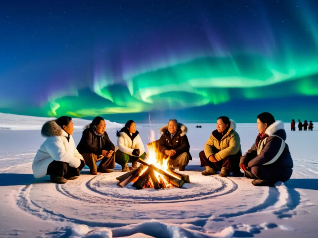 Rituales y creencias del Círculo Polar Ártico: Comunidad Inuit alrededor del fuego, la aurora boreal ilumina el cielo nocturno