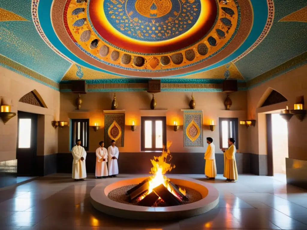 Rituales de iniciación en zoroastrismo: Niños zoroastrianos participan en una ceremonia alrededor de un sagrado fuego en un templo ricamente decorado