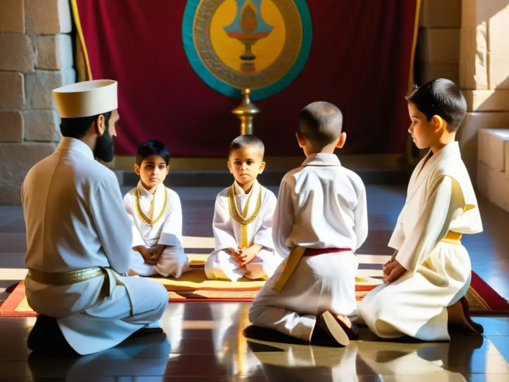 Rituales de iniciación en zoroastrismo: Solemne ceremonia en templo iluminado, niños vestidos de blanco participan en rituales sagrados