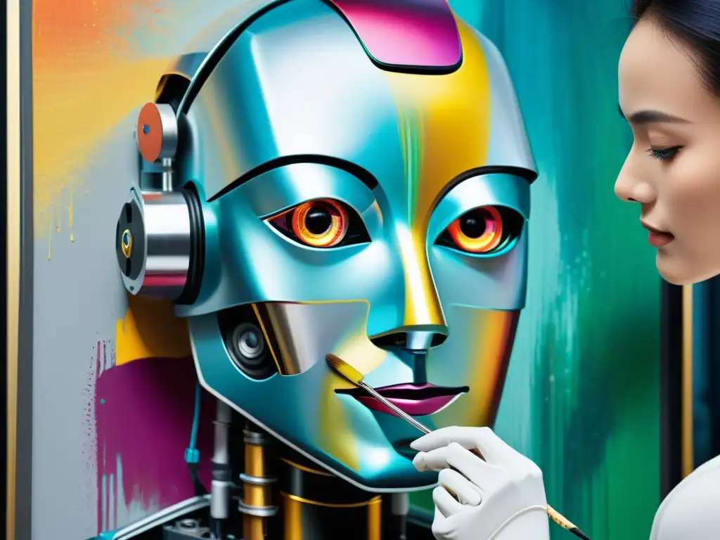 Un robot artista aplica con destreza pinceladas a un lienzo, fusionando tecnología y creatividad en la ética en la creación artística de IA