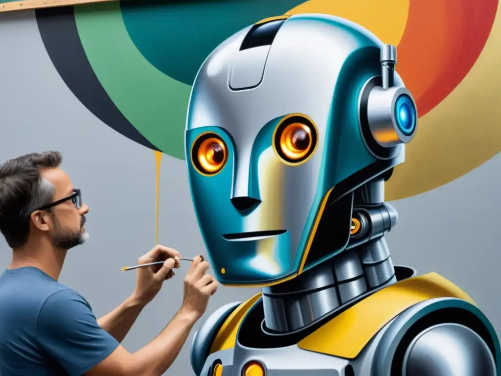 Un robot artista pinta una mural detallada mientras la multitud observa con asombro y escepticismo