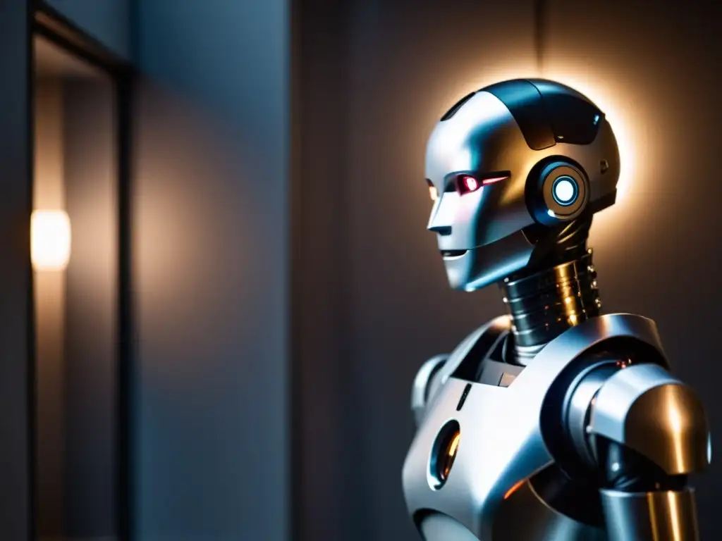 Un robot de aspecto imponente desafía las normas morales en un ambiente tecnológico y misterioso