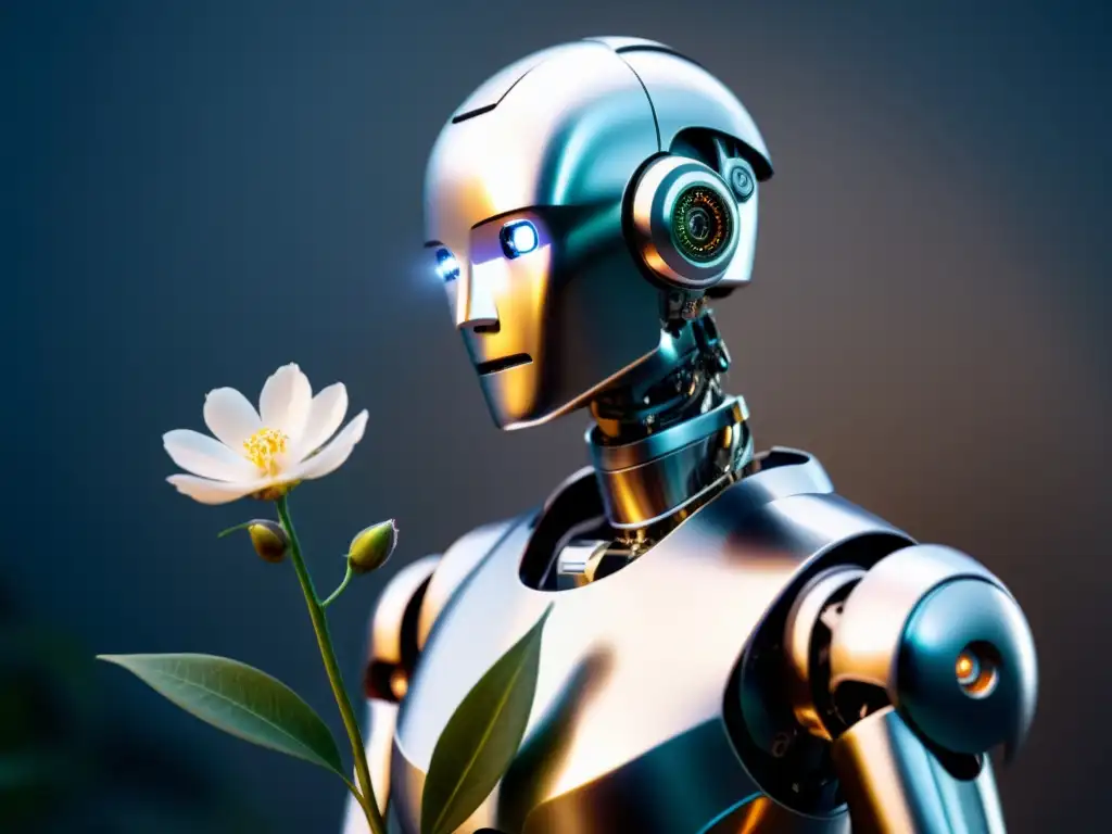 Un robot contemplativo acaricia una flor, reflexionando sobre las implicaciones éticas
