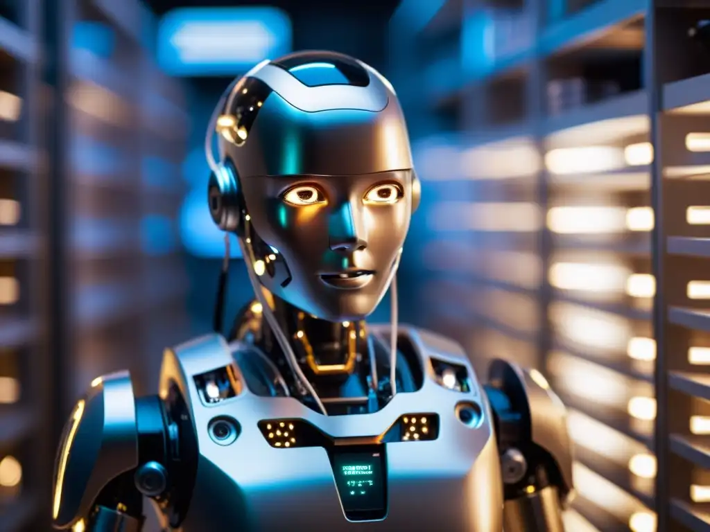 Un robot humanoide con circuitos visibles bajo su caparazón transparente, ojos iluminados en un laboratorio sofisticado